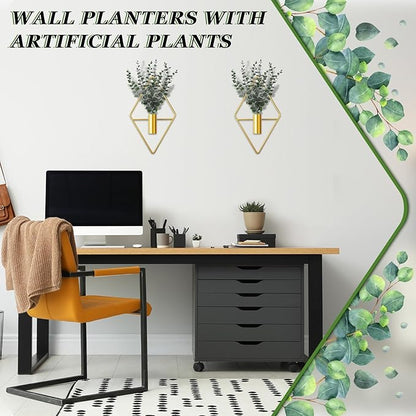 Jexine Hanging Planters with Artificial Eucalyptus Metal Hanging Vase Indoor Plants Holder Modern Geometric Boho Bathroom Wall Decor for Living Room Home Office(Gold,4 Pcs)