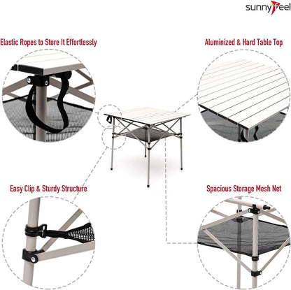 SUNNYFEEL Outdoor Folding Table | Lightweight Compact Aluminum Camping Table, Roll Up Top 4 People Portable Camp Square Tables with Carry Bag for Picnic/Cooking/Beach/Travel/BBQ