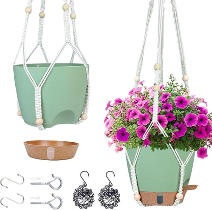 Hanging Planter for Indoor Plants 8 Inch, 2 Pack Self Watering Hanging Baskets for Plants, Hanging Flower Pots with Drainage Hole & 2 Kinds of Plant Hangers for Garden Home Decor (Green, 8 inch)