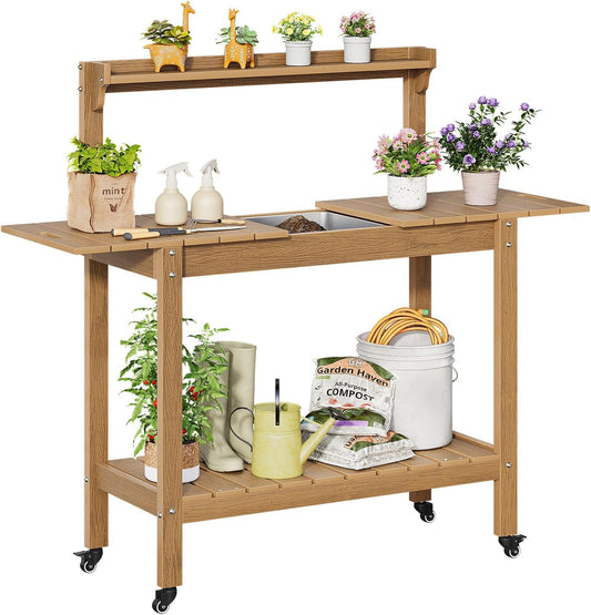 HDPS Outdoor Potting Bench with Sliding Tabletop/ 4 Wheels/Removable Sink, All-Weather Outside Garden Work Table, No Rust/Fade/Break, Potting Station for Porch, Patio & Backyard (Teak)