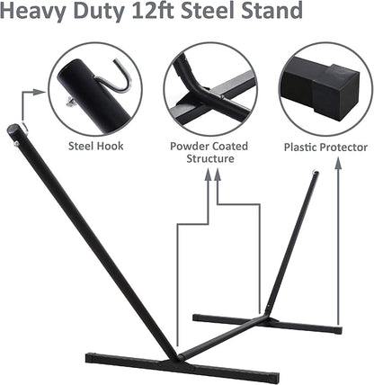 SUNCREAT 55 Inch Extra Large Double Hammock with Stand, 475lbs Capacity, Outdoor Portable Hammock with Hardwood Spreader Bar, Extra Large Pillow, Grey