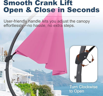 11FT Cantilever Umbrella with Base Large Curvy Outdoor Aluminum Offset Umbrella w/ 360° Rotation, UV Resistant Canopy for Patio, Garden, Backyard, Rose Pink