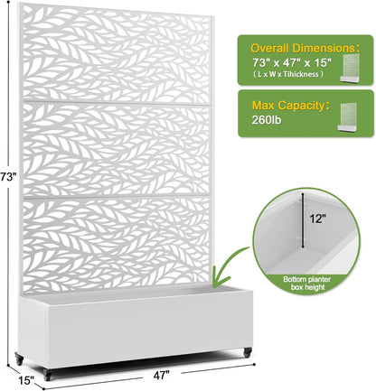 FENCY Metal Raised Garden Bed with Wheels and Trellis,73"x47"x16" Planter Box for Climbing Plants, Vegetables & Vines, Features Privacy Screen and Drainage Holes (White-Leaf)