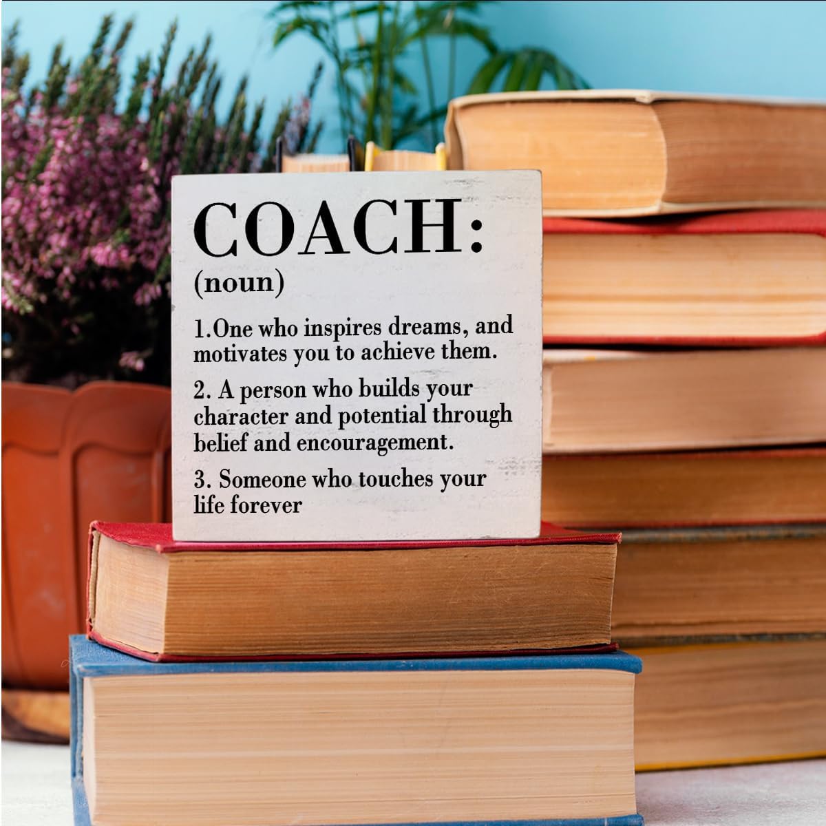 HTBIG Rustic White Wooden Coach Definition Sign, 5.1 x 5.1 Inches, Perfect for Home Office, Bedroom, Classroom, Cubicle, Counseling Desk, Shelf, Table Decoration