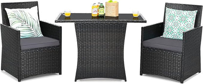Tangkula 3 Pieces Patio Dining Set, Space-Saving PE Rattan Bistro Set with Tempered Glass Top Table and Cushioned Chairs, Outdoor Conversation Set for Garden Backyard Poolside Porch (Gray)