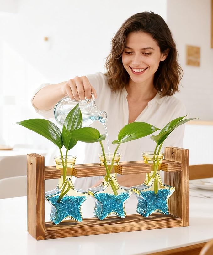 Nacome Star Glass Propagation Stations: Plant Terrarium with Wooden Stand Vase for Home Office Desk Decor, Unique Gifts for Plant Lovers Women Mom (Yellow)