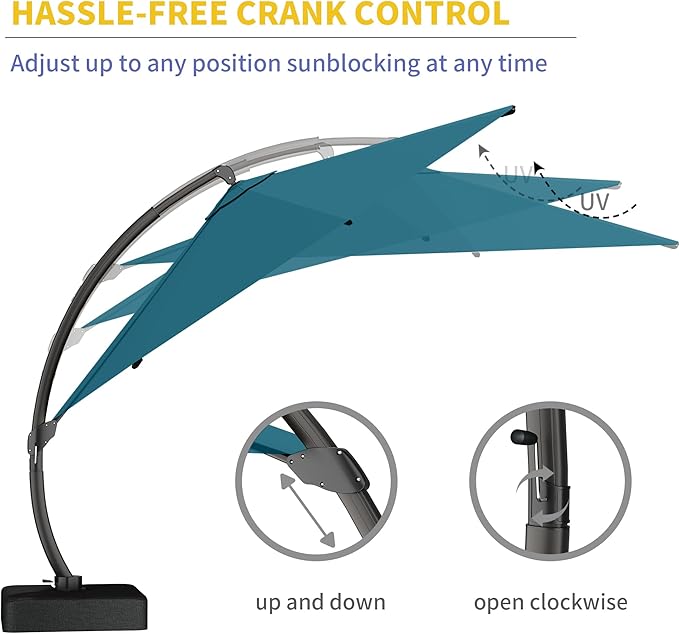 Kingdura 11ft Offset Cantilever Patio Umbrella with Base Included, Large Round Aluminum Outdoor Umbrella, 360° Rotation & Infinite Tilt, Heavy Duty Frame for Deck Pool Backyard, Lake Blue