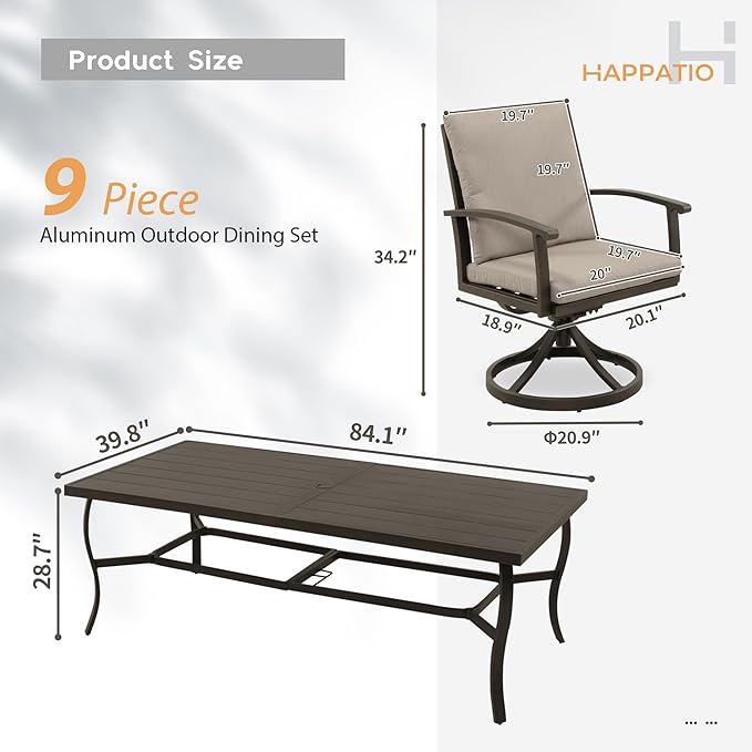 HAPPATIO Aluminum 9 Piece Patio Dining Set, Outdoor Swivel Dining Chairs and Dining Table, Aluminum Outdoor Dining Set for 8, Patio Dining Furniture with Washable Cushions (Black)