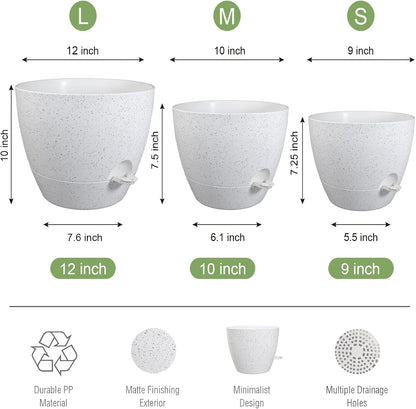 Large Self Watering Pots, 12/10/9 Plastic Planters with High Drainage Holes and Deep Reservoir for Indoor Outdoor Garden Plants and Flowers, White Speckles