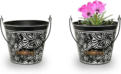 Headwind Robert Allen Vintage Floral Metal Planter with Handle, 12-Inch, Charcoal – Lightweight Indoor/Outdoor Flower Pot with Drainage Hole