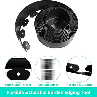 Landscape Edging Coil 66 FT, 4 Inch Tall Garden Edging Border Flexible Lawn Edging Kit with 60 Spikes, Plastic Edging for Landscaping Flower Beds Yard Pathway Paver Edging (4IN x 66FT, Black)
