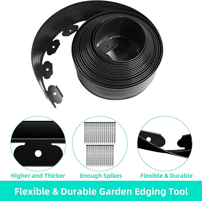 Landscape Edging Coil 33 FT, 4 Inch Tall Garden Edging Border Flexible Lawn Edging Kit with 30 Spikes, Plastic Edging for Landscaping Flower Beds Yard Pathway Paver Edging (4IN x 33FT, Black)