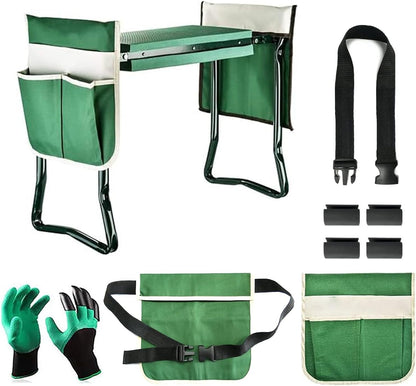 BDL Garden Kneeler and Seat, Upgraded Folding Bench Stool Portable Kneeler, Sturdy Gardening Tools with 2 Free Tool Pouch, Detachable Belt, A Pair of Garden Gloves, EVA Kneeling Pad
