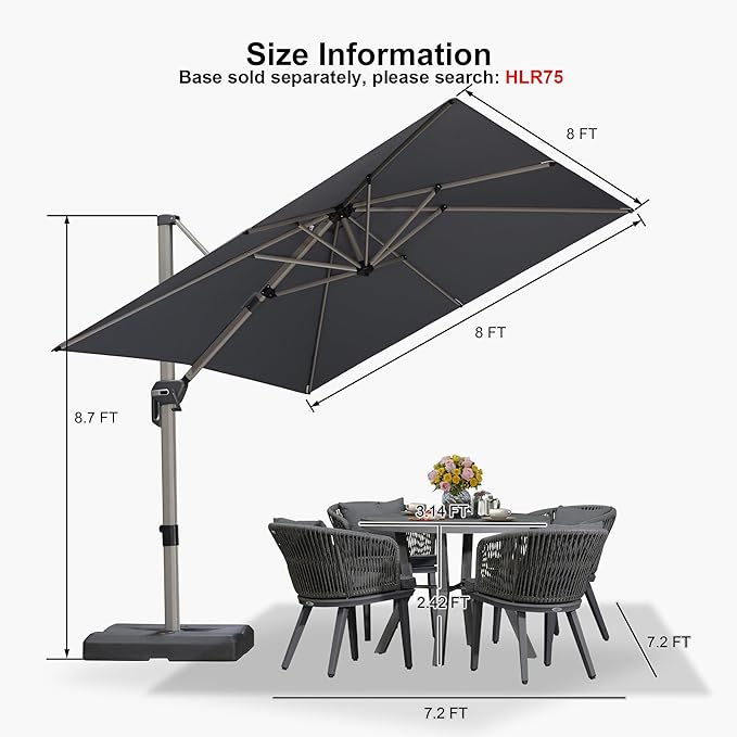 PURPLE LEAF 8' X 8' Patio Umbrella Outdoor Cantilever Umbrella, Aluminum Offset Umbrella with Champagne Frame and 360° Rotation for Pool Deck Garden, Light Grey