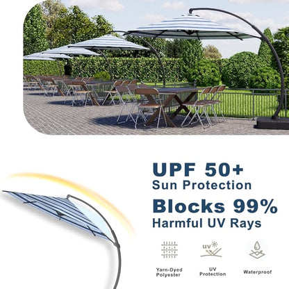 Acrylic Fabric 11FT Cantilever Umbrella with Base Large Curvy Outdoor Aluminum Offset Umbrella w/ 360° Rotation, UV Resistant Canopy for Patio, Garden, Backyard, Blue Stripes
