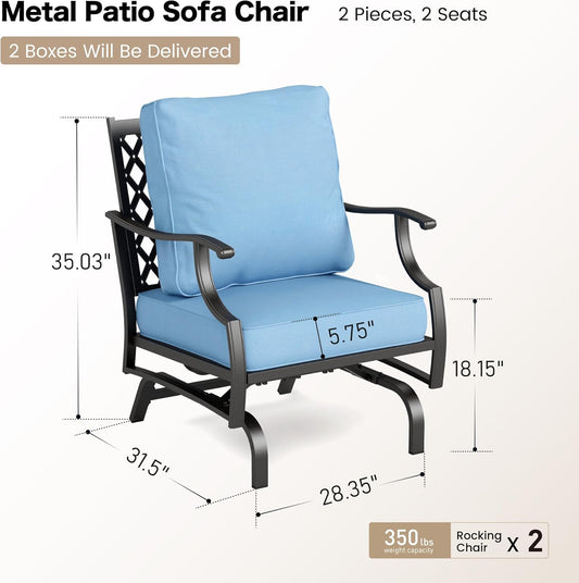 Metal Outdoor Rocker Patio Chairs Set of 2 with 5.75" Extra Thick Cushion, 2 Piece High Back Rocker Patio Chairs All Weather Outdoor Furniture Seating for Deck Balcony Porch, Blue