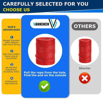 Vanhench 805ft Wrapping Twine String, Red Colored Natural Jute Twine Cord Thin Rope, Arts & Crafts Gift Wrapping, Wedding Décor, Art Decoration Packing Material, Bracelet String