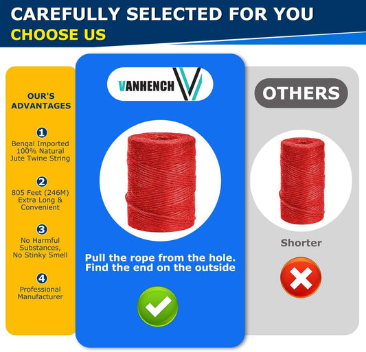 Vanhench 805ft Wrapping Twine String, Red Colored Natural Jute Twine Cord Thin Rope, Arts & Crafts Gift Wrapping, Wedding Décor, Art Decoration Packing Material, Bracelet String