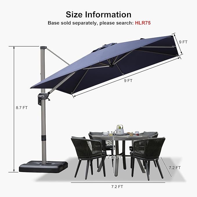 PURPLE LEAF 9' X 9' Patio Umbrella Outdoor Cantilever Umbrella, Aluminum Offset Umbrella with Champagne Frame and 360° Rotation for Pool Deck Garden, Navy Blue