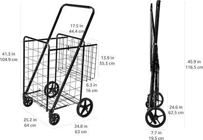 Amazon Basics Foldable Shopping Utility Cart with 360-Degree Wheels, Easy Assembly, Black, X-Large