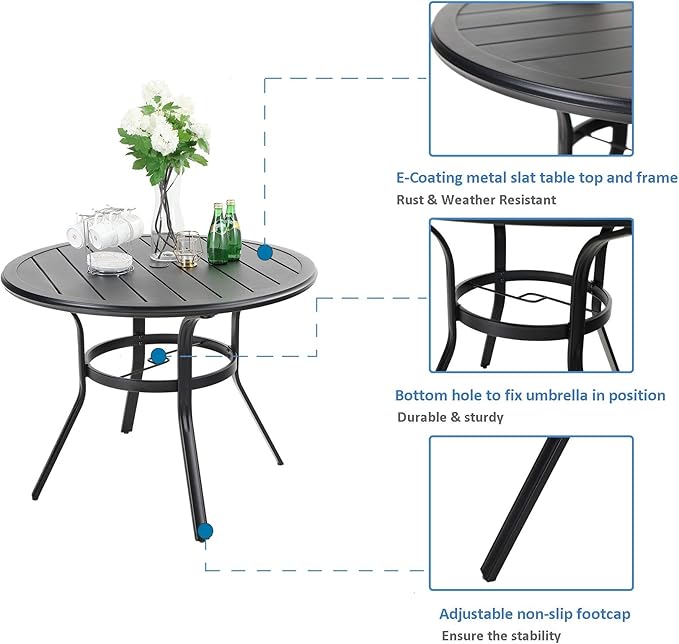 MFSTUDIO Round Outdoor Dining Set for 4, Patio Table and Chairs Set for Deck/Backyard/Poolside/Garden, 5 Piece Patio Furniture Set with Umbrella Hole