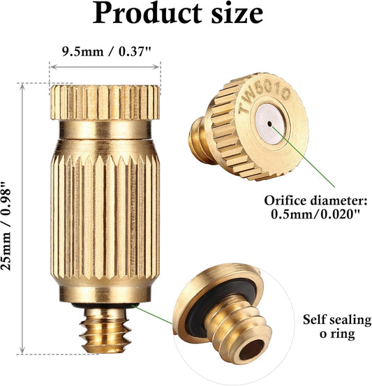 Mornajina 30 Packs Brass Misting Nozzles Mister Replacement Nozzles for Outdoor Cooling System, Misting System Heads Sprayer 0.020" (0.5 mm) 10-24 UNC, High Pressure