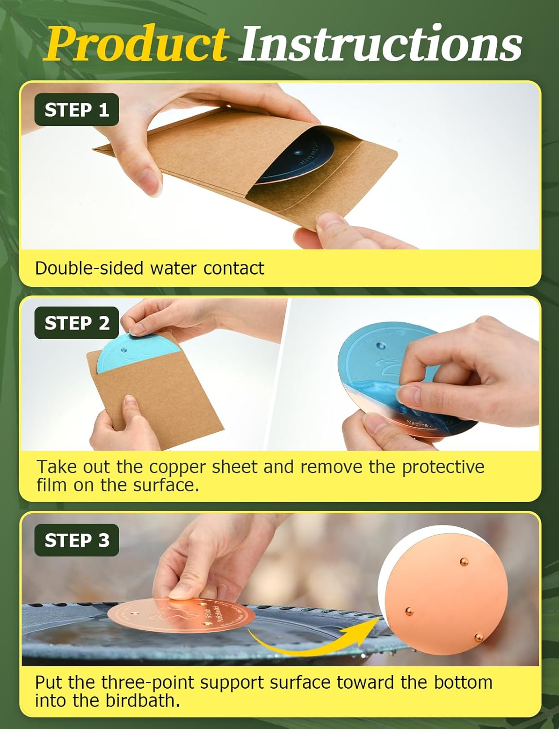 Mellbree 2-Pack Bird Bath Copper Disk, 0.6mm Reinforced 99.99% Pure Copper Cleaning Disk with Triple-Point Support for Physical Safe Clean Water All-Season, Universal Fit for Outdoor Birdbaths, Bowl