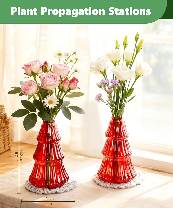 Nacome Christmas Tree Propagation Stations: 2PCS Plant Terrarium Glass Vases for Home Office Decor, for Plant Lovers Women Mom (Red)