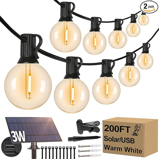 Lakumu 200FT（100FT*2） G40 Solar String Lights, Globe Outdoor String Lights with 72 E12 Waterproof LED Bulbs, 2700K Shatterproof Patio Lights, Solar Powered Hanging Lights
