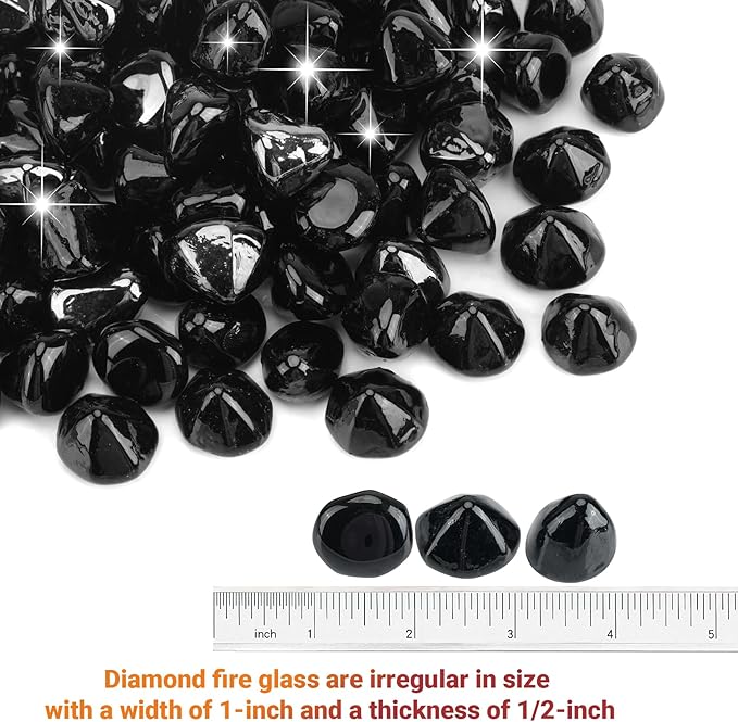 Skyflame 10-Pound Fire Glass Diamonds for Fire Pit Fireplace Landscaping, 1/2 Inch Reflective Glass Fire-Diamonds, Onyx Black
