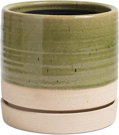 6 Inch Plant Pots, Ceramic Planter Pot with Drainage Hole & Saucer, Indoor/Outdoor Cylinder Round Planter Pot, Green & Beige
