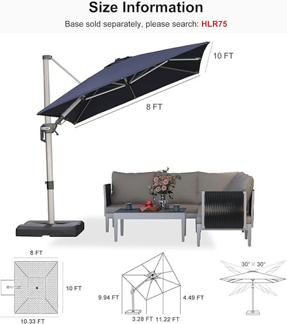 PURPLE LEAF 8' X 10' Left-right Tilting Patio Umbrella Outdoor Swivel Cantilever Umbrella Aluminum Offset Umbrella with Champagne Frame and 360-degree Rotation for Garden Deck Pool, Navy Blue