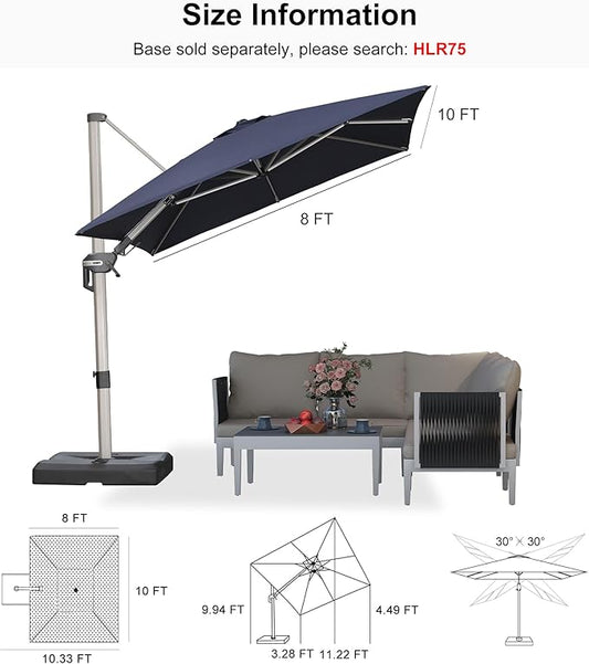 PURPLE LEAF 8' X 10' Left-right Tilting Patio Umbrella Outdoor Swivel Cantilever Umbrella Aluminum Offset Umbrella with Champagne Frame and 360-degree Rotation for Garden Deck Pool, Navy Blue