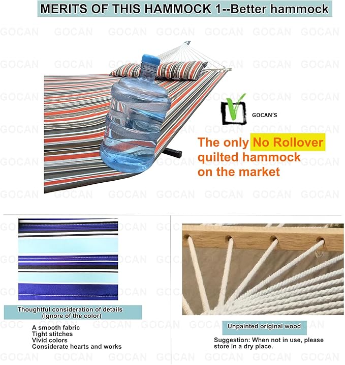 Quilted Fabric Double Hammock Won't flip with Stand and Spreader Bars,Safer and Sturdier,Quality Hammocks for Outdoor Indoor Patio Yard Two Sided Dual use red/Blue