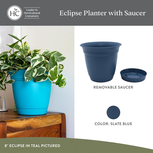 The HC Companies Eclipse Round Planter with Saucer - Outdoor & Indoor Plant Pot with Drainage Holes - Lightweight, UV-Resistant Plastic Pots for Plants, Flowers & Herbs (10" Slate Blue, Pack of 1)