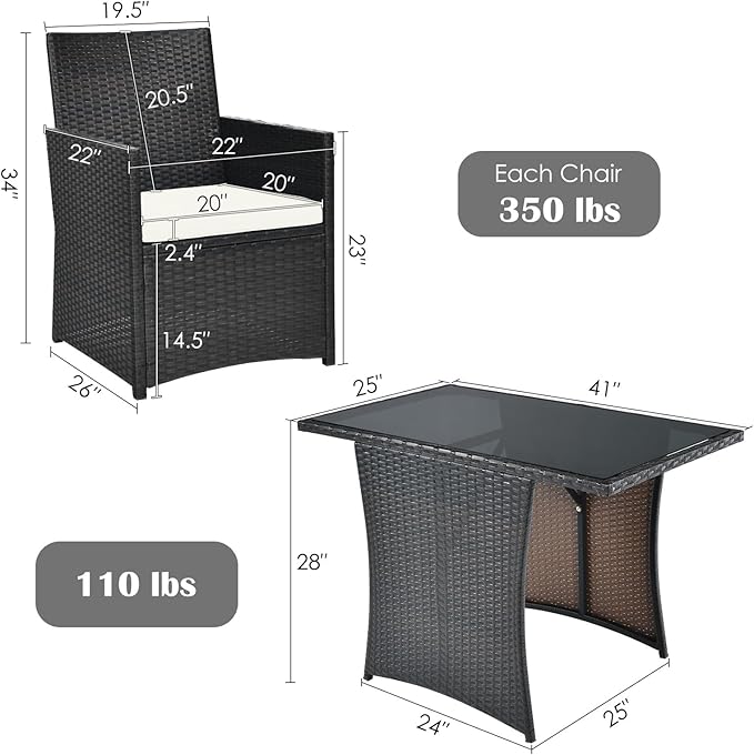 Tangkula 3 Pieces Patio Dining Set, Space-Saving PE Rattan Bistro Set with Tempered Glass Top Table and Cushioned Chairs, Outdoor Conversation Set for Garden Backyard Poolside Porch (White)