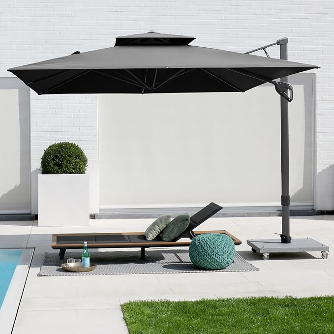 PHI VILLA 10ft Cantilever Patio Umbrella, Outdoor Large Square Umbrellas with 360°Rotation, Heavy Duty Hydraulic Double Umbrella Windproof for Outside, Pool, Deck, Garden, Porch, Grey(No Base)