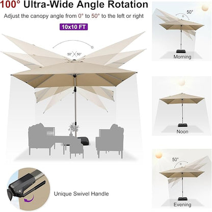 PURPLE LEAF 10' X 10' Left-right Tilting Patio Umbrella Outdoor Swivel Cantilever Umbrella Aluminum Offset Umbrella with Champagne Frame and 360-degree Rotation for Garden Deck Pool, Beige
