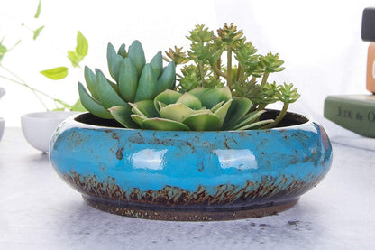 VanEnjoy 7.3 inch Round Large Shallow Succulent Ceramic Glazed Planter Pots with Drainage Hole, Bonsai Pots Garden Decorative Cactus Stand Flower Container (blue)