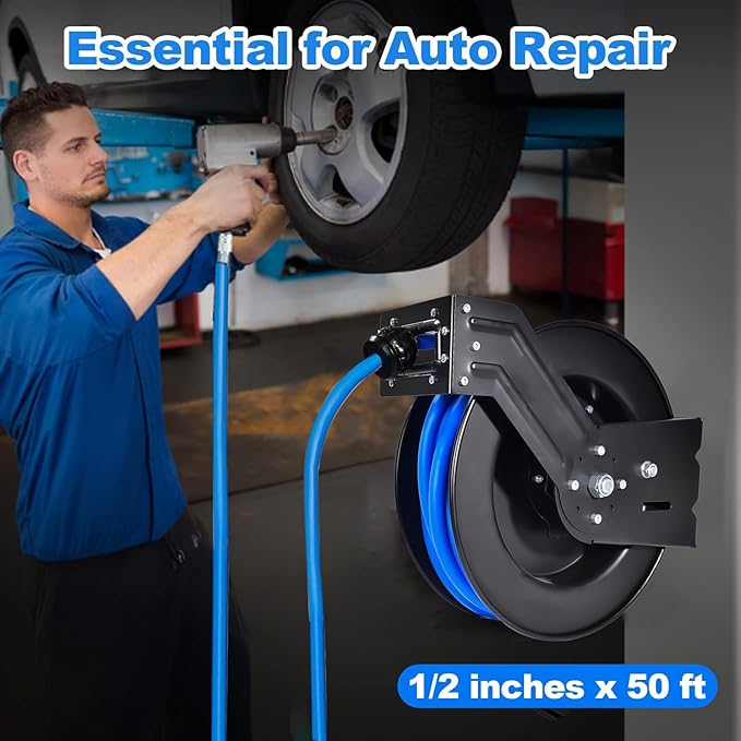 Heavy Duty Retractable Air Hose Reel, 1/2 IN x 50 FT Hybrid Air Hose, Max 300PSI Air Compressor Hose Reel with Auto Rewind, Ceiling/Wall Mount Single Arm Premium Steel Reel for Garage Workshop