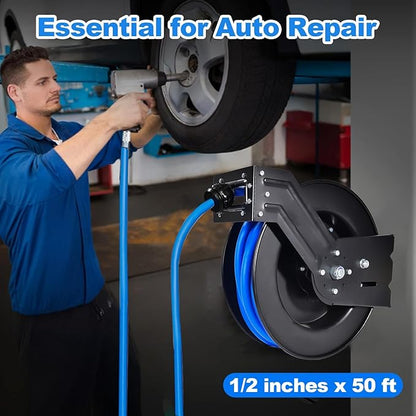 Heavy Duty Retractable Air Hose Reel, 1/2 IN x 50 FT Hybrid Air Hose, Max 300PSI Air Compressor Hose Reel with Auto Rewind, Ceiling/Wall Mount Single Arm Premium Steel Reel for Garage Workshop