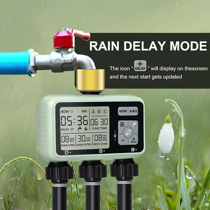 Watering Timer 3 Zone with Brass Inlet, Sprinkler Timer, Programmable Garden Outdoor Hose Faucet Timers with Rain Delay, Auto & Manual Watering System,Water Hose Irrigation Timers 3 Outlet for Garden