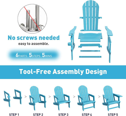 Adirondack Chair, Tool-Free Assembly All-Weather Adirondack Chairs, HDPE Fire Pit Chairs with Cup Holder, Outdoor Chair for Patio Garden（Lake Blue）