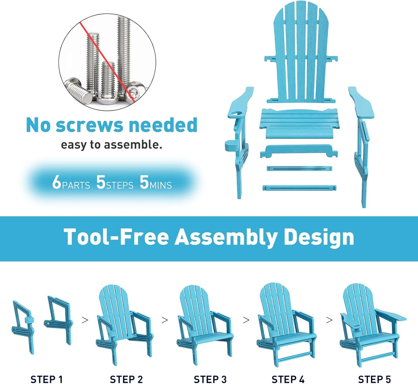Adirondack Chairs Set of 4, Tool-Free Assembly All-Weather Plastic Adirondack Chairs, HDPE Fire Pit Chairs with Cup Holder, Outdoor Chair for Patio Garden（Lake Blue）