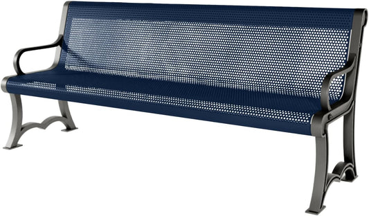 Heavy-Duty Outdoor Bench Thermoplastic Coated, Punched Steel, Commercial-Grade Garden Bench, Made in America (Portable with Back, 6 Ft, Textured Dark Blue)