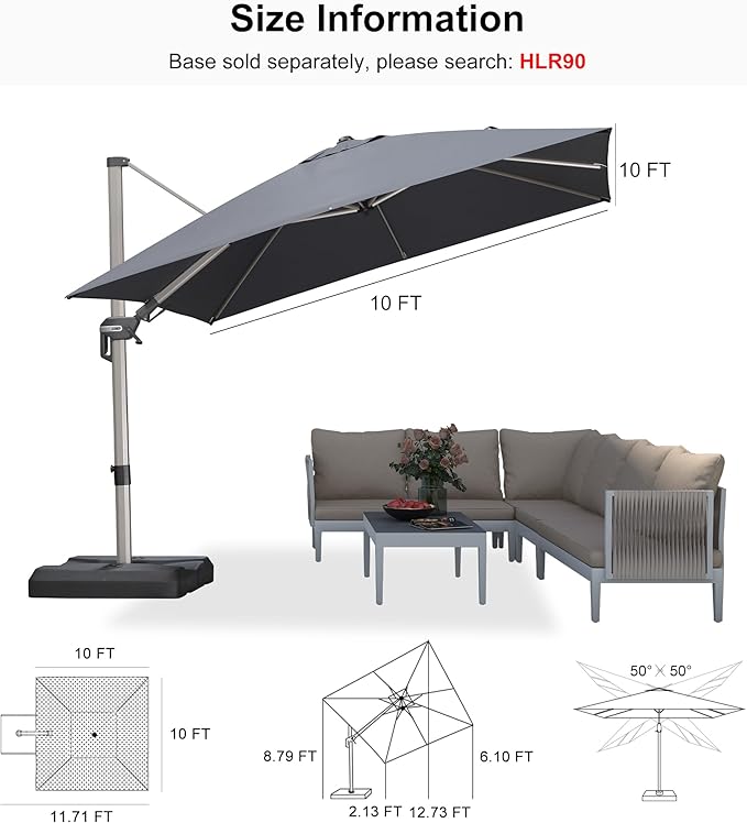PURPLE LEAF 10' X 10' Left-right Tilting Patio Umbrella Outdoor Swivel Cantilever Umbrella Aluminum Offset Umbrella with Champagne Frame and 360-degree Rotation for Garden Deck Pool, Grey