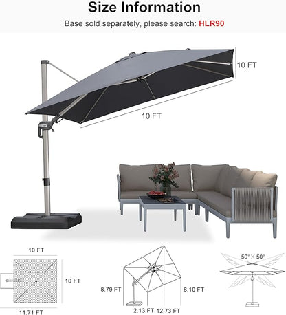 PURPLE LEAF 10' X 10' Left-right Tilting Patio Umbrella Outdoor Swivel Cantilever Umbrella Aluminum Offset Umbrella with Champagne Frame and 360-degree Rotation for Garden Deck Pool, Grey