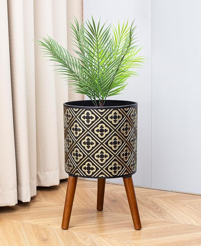 10 Inch Plant Pot with Stand, Planter for Indoor Plants, Modern Large Flower Planter Pot with Drainage Holes for Outdoor, Black ＆ Gold