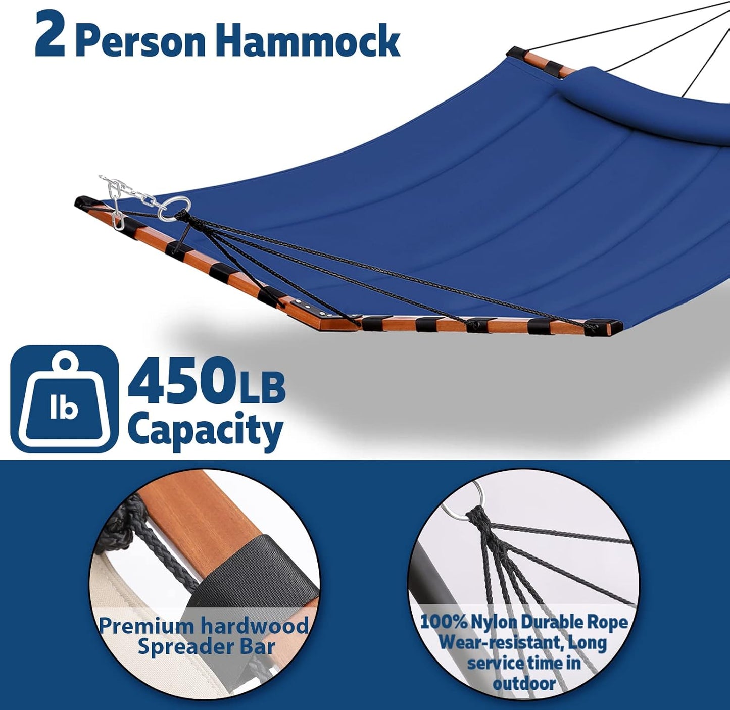 TegerDeger 12FT 2 Person Hammock Large Hammock 450LB Capacity with V Shaped Hardwood Spreader Bar & Nylon Rope for Outside, Patio, Garden, Backyard, Beach, Poolside - Blue