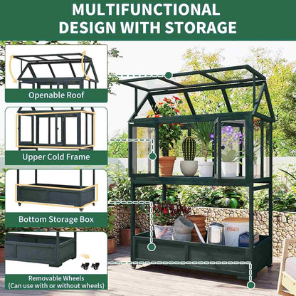 Wooden Cold Frame Greenhouse with Wheels, Portable Fir Garden Plant House with Storage Box, Openable Roof for Seedlings, Herbs, Winter Crops, Perfect for Patio, Balcony, Garden